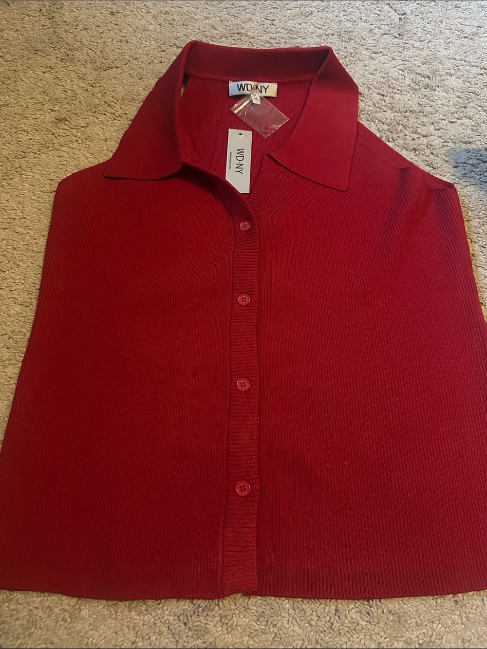 WD.NY Red Ribbed Button-Up Tank Top with Collar